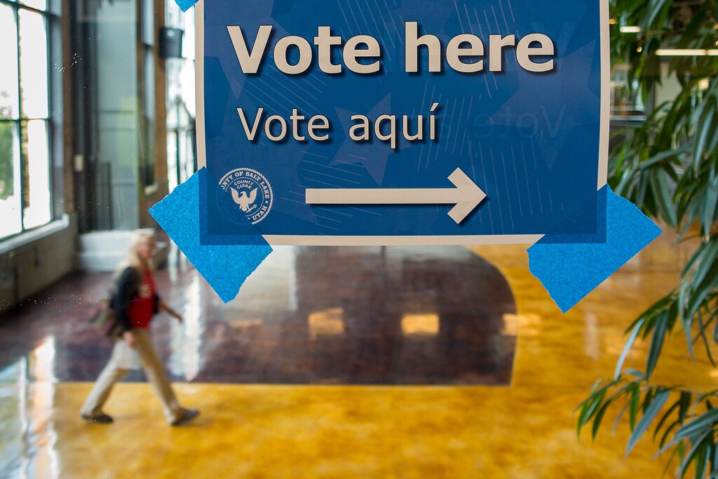 (Trent Nelson  |  Tribune file photo) A sign points to a vote center located in Trolley Square, Salt Lake City, Tuesday August 11, 2015.