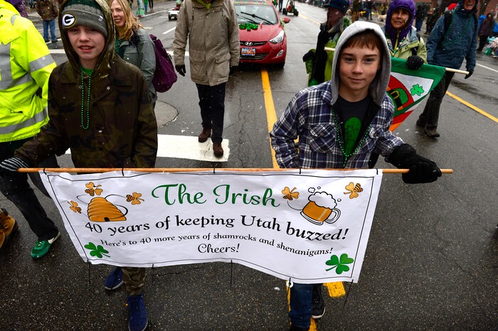 (Scott Sommerdorf | The Salt Lake Tribune) The Irish Beekeepers group marches in the 40th annual Salt Lake City St. Patrick's Day Parade on Saturday, March 17, 2018.