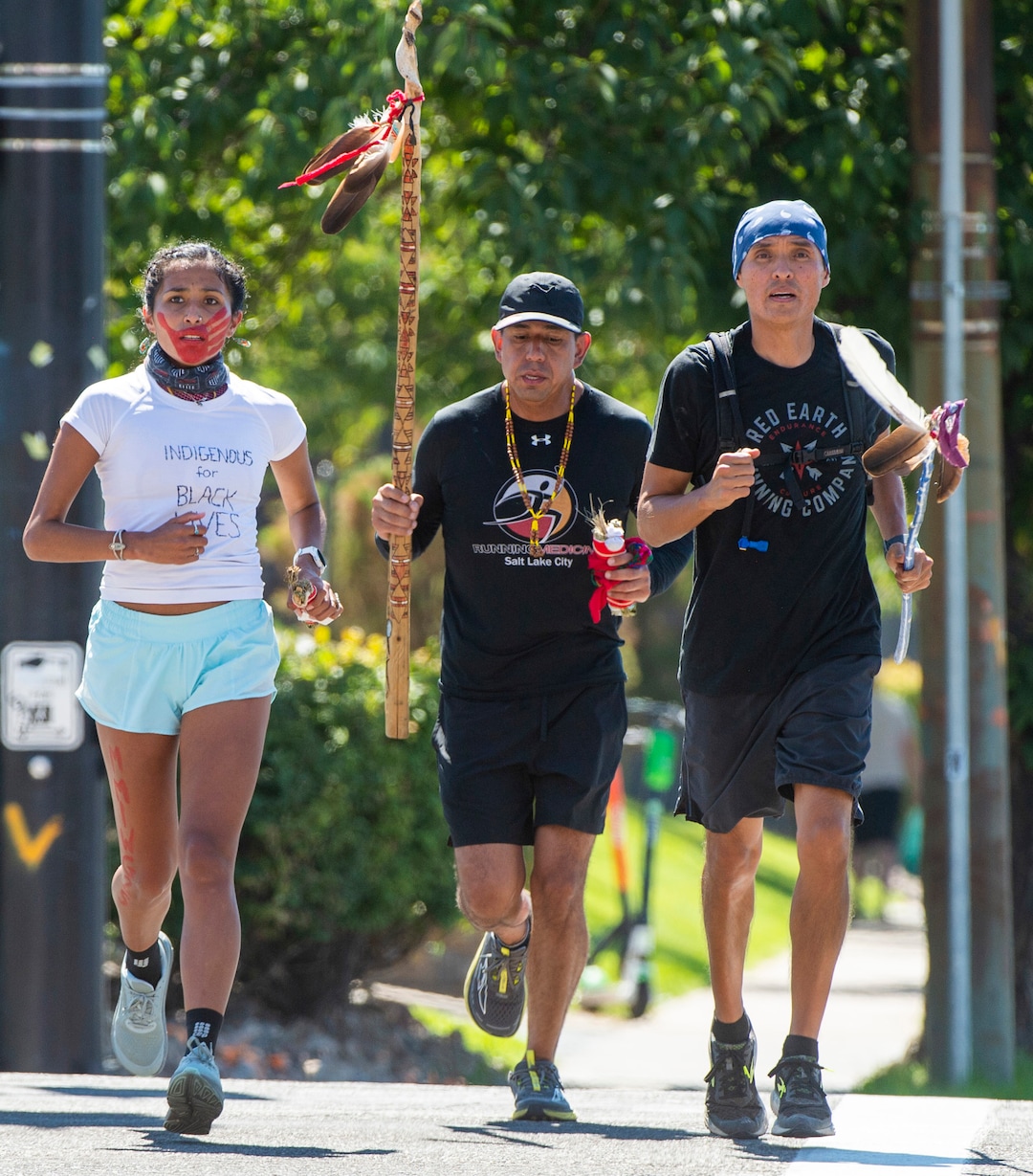 (Rick Egan  |  The Salt Lake Tribune)     Jordan Daniel, Son Sanchez and Eric Hardy run down John Stockton Drive in Salt Lake City onSaturday, Sept. 5, 2020. Ten Native American runners ran from Bears Ears National Monument to SLC for the “Running As Medicine - Indigenous Youth Prayer Run”.