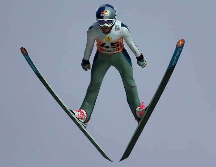 Sarah Hendrickson of the US, makes her competition jump, during the Women's Normal Hill Individual event at the FIS Ski jumping Cup in Sochi, Russia, Saturday, Dec. 8, 2012. (AP Photo/Dmitry Lovetsky)