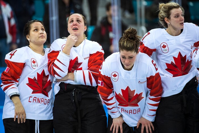 (Chris Detrick  |  The Salt Lake Tribune)  Members of team Canada after the Women's Gold Medal Game at Gangneung Hockey Centre during the Pyeongchang 2018 Winter Olympics Thursday, Feb. 22, 2018. United States defeated Canada 3-2 in a shootout victory. 