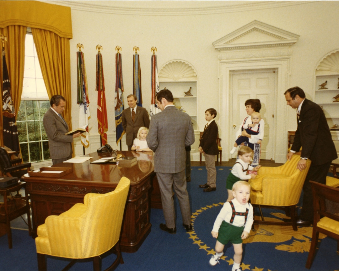(photo courtesy Huntsman family) The Huntsman family visits with President Richard Nixon in the Oval Office in 1971.