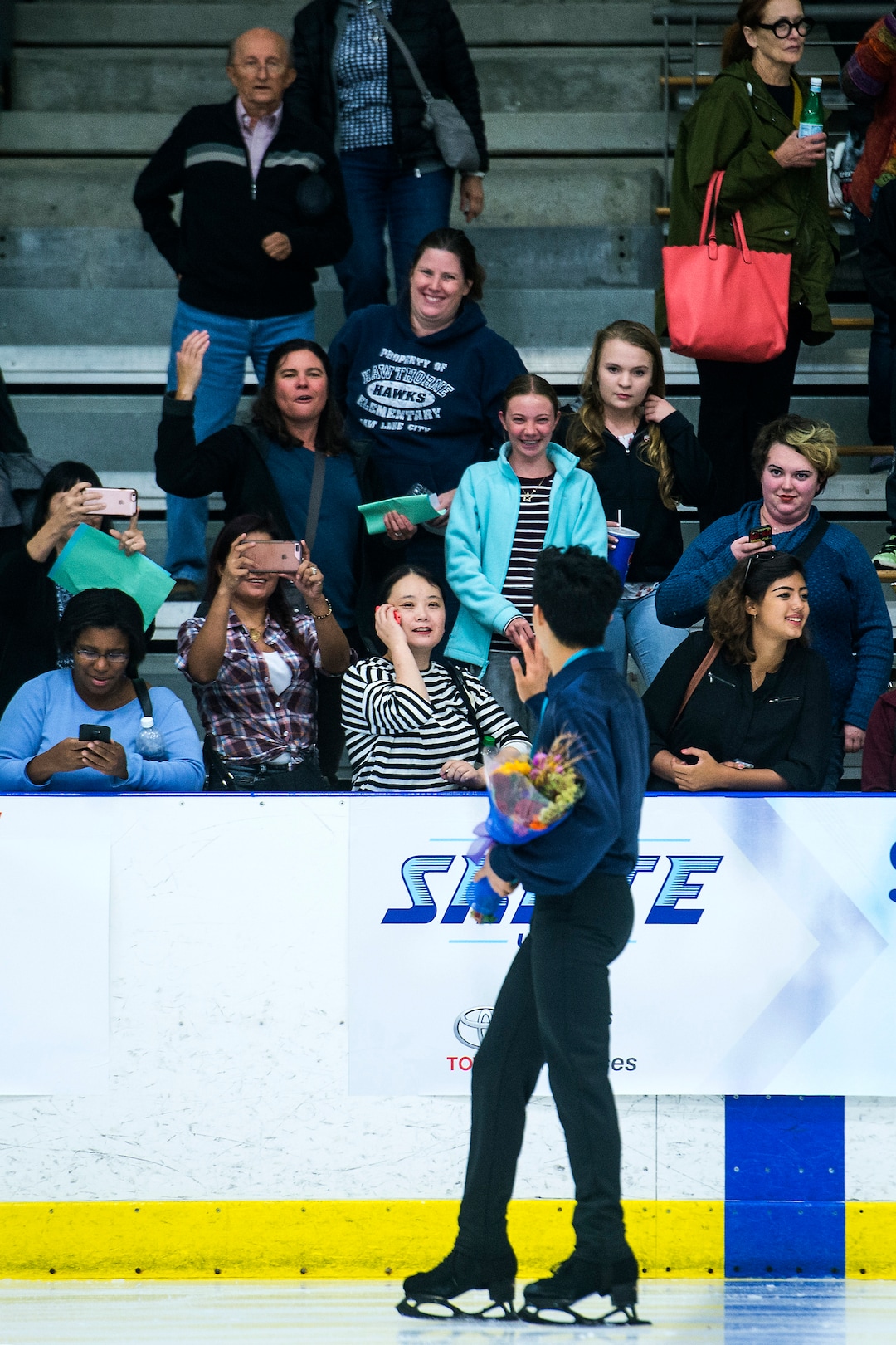 (Chris Detrick  |  The Salt Lake Tribune)   Nathan Chen greets members to the crowd after winning the Men's Free Skate during the U.S. International Figure Skating Classic at the Salt Lake City Sports Complex Friday, September 15, 2017. 