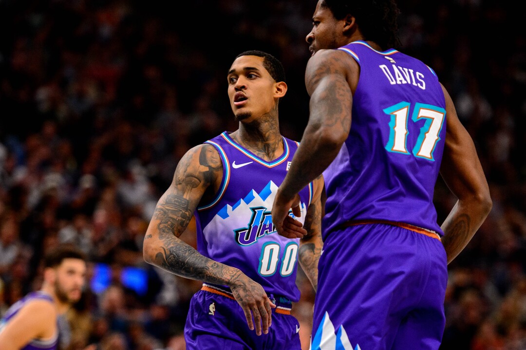 (Trent Nelson  |  The Salt Lake Tribune) Utah Jazz guard Jordan Clarkson and Utah Jazz center Ed Davis (17) as the Utah Jazz host the Portland Trail Blazers, NBA basketball in Salt Lake City on Thursday, Dec. 26, 2019.