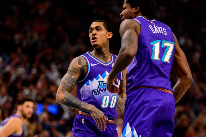 (Trent Nelson  |  The Salt Lake Tribune) Utah Jazz guard Jordan Clarkson and Utah Jazz center Ed Davis (17) as the Utah Jazz host the Portland Trail Blazers, NBA basketball in Salt Lake City on Thursday, Dec. 26, 2019.