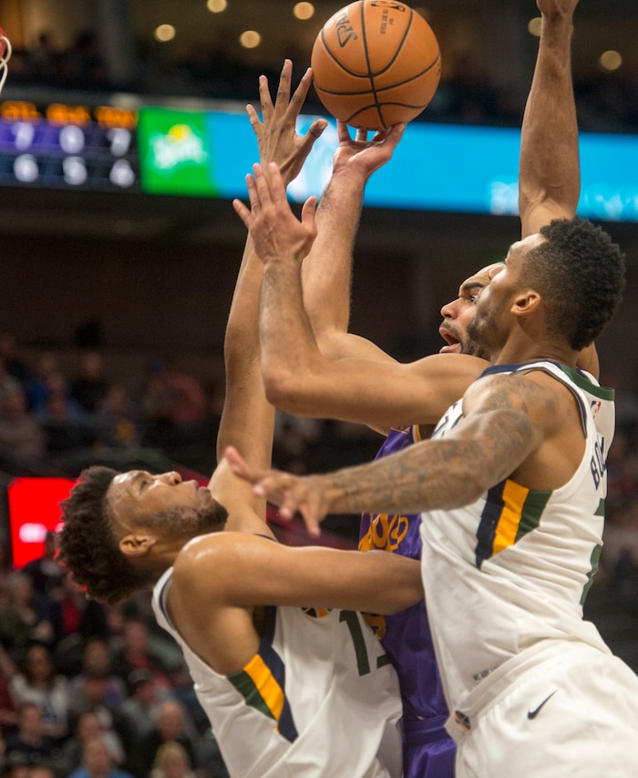 (Rick Egan  |  The Salt Lake Tribune)   Utah Jazz center Tony Bradley (13) and Utah Jazz forward Joel Bolomboy (21) guard Sydney Kings guard Perry Ellis (34), in preseason basketball Utah Jazz vs.Sydney Kings, in Salt Lake City, Sunday, October 2, 2017.


