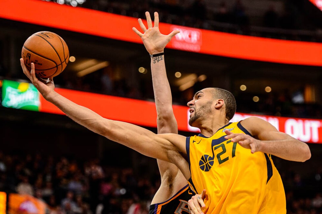 (Trent Nelson | The Salt Lake Tribune)  Utah Jazz center Rudy Gobert (27) shoots over Phoenix Suns center Alex Len (21) as the Utah Jazz host the Phoenix Suns, NBA basketball in Salt Lake City, Wednesday Feb. 14, 2018.