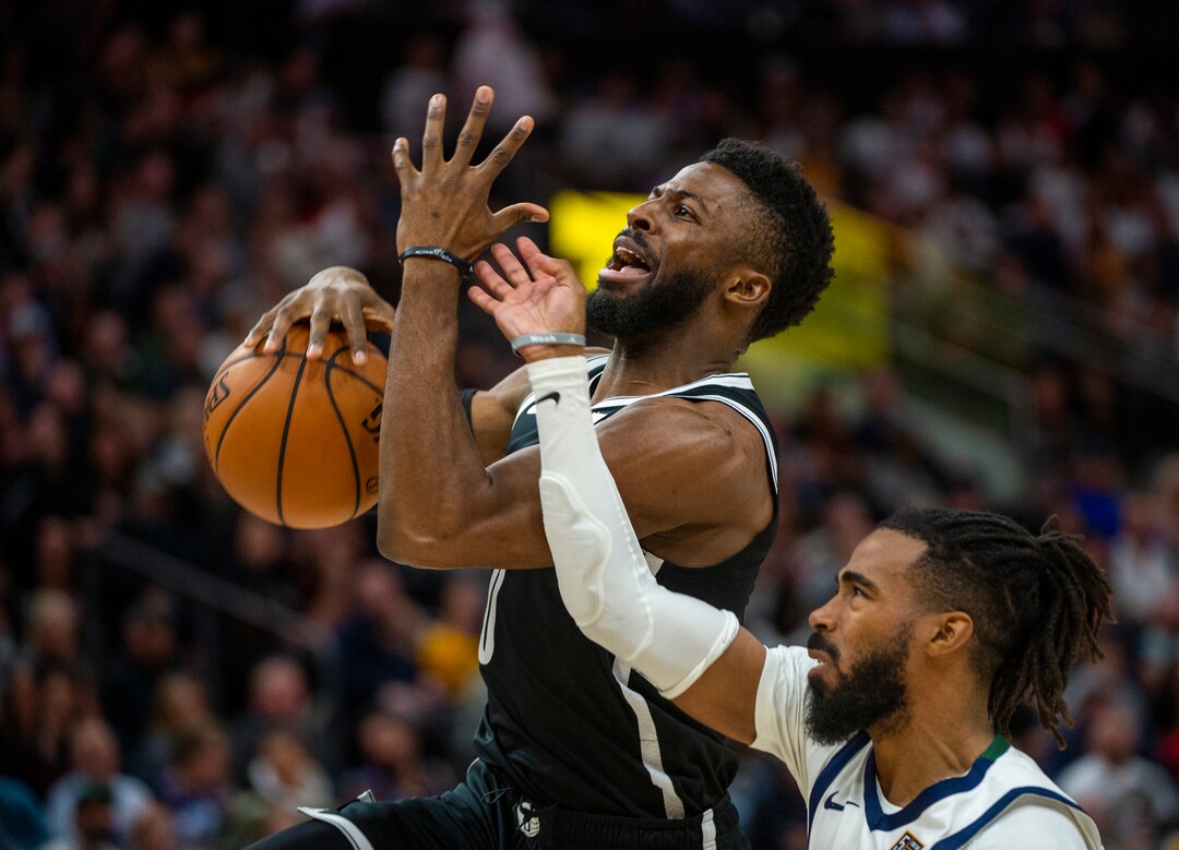 (Rick Egan  |  The Salt Lake Tribune)    Utah Jazz guard Mike Conley (10) stops a fast break by Brooklyn Nets guard David Nwaba (0), in NBA basketball action between the Utah Jazz and the Brooklyn Nets in Salt Lake City, Tuesday, Nov 12, 2019.