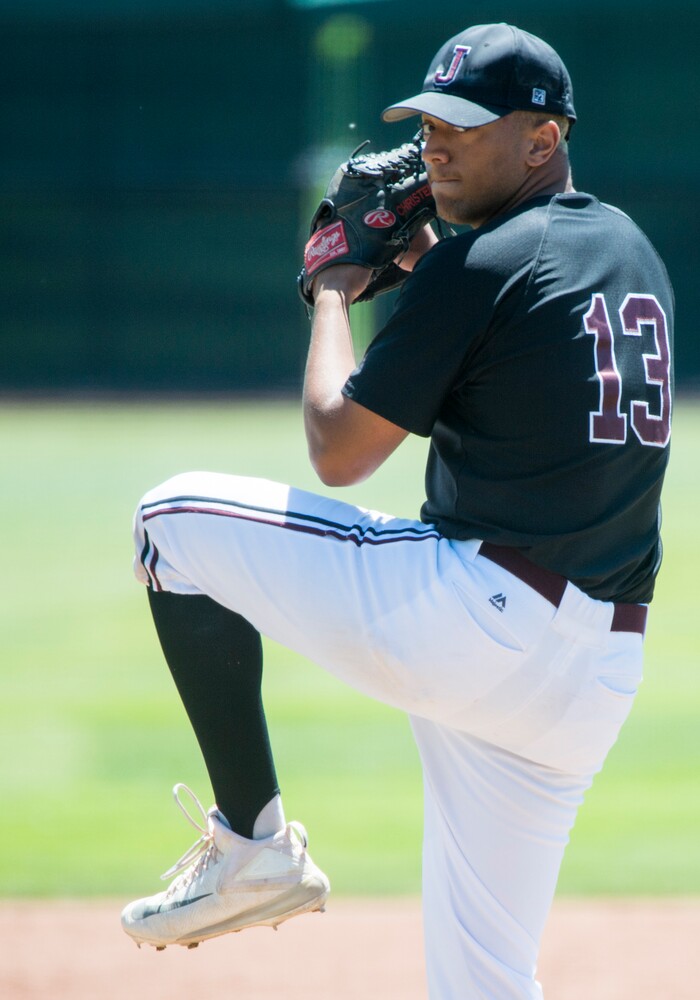 (Rick Egan  |  The Salt Lake Tribune)   Gage Edwards pitches for Jordan, in the 5A state baseball championship game, at UVU in Orem, Friday, May 25, 2018.