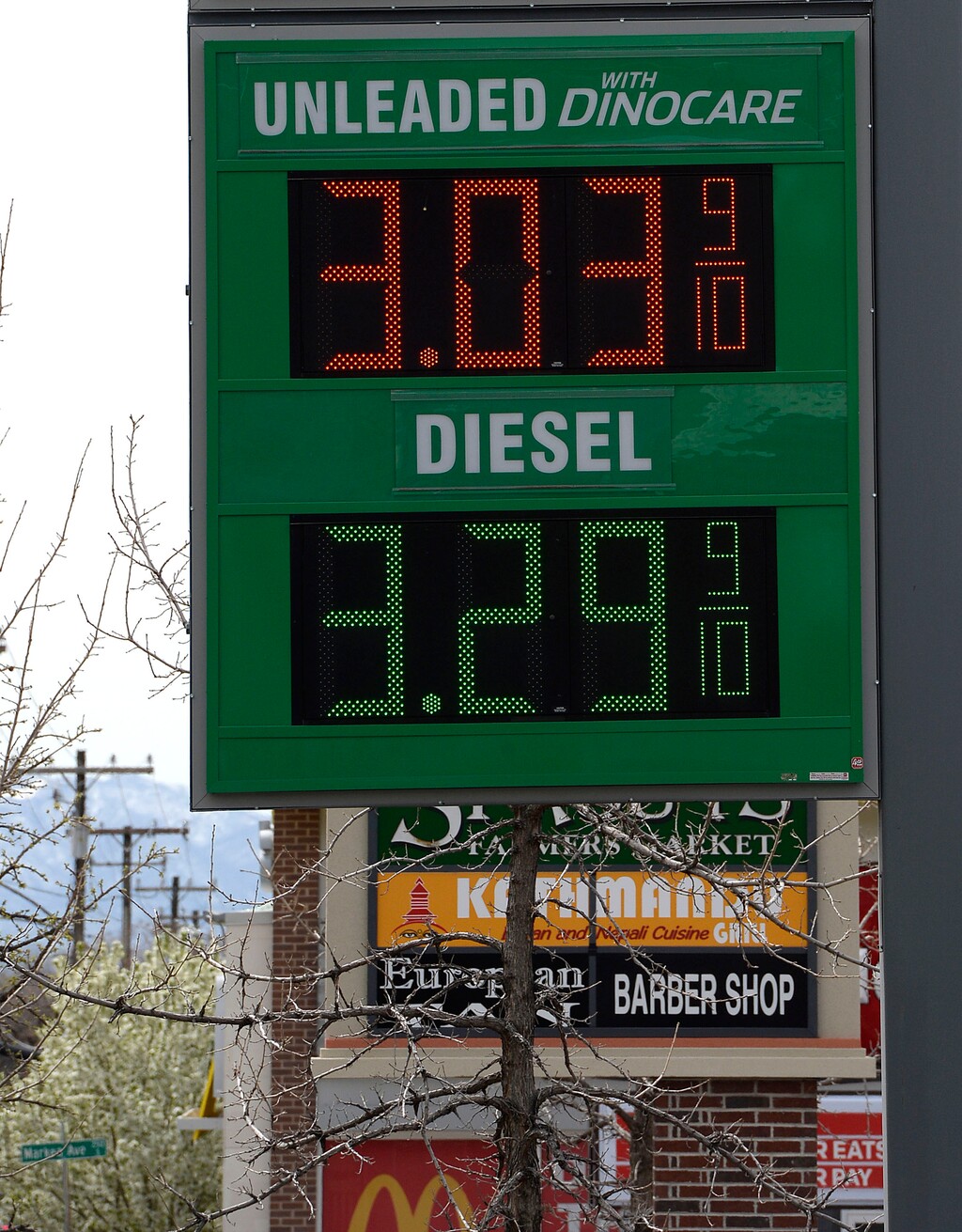 (Al Hartmann | The Salt Lake Tribune)
A gas station near Trolley Square lists regular gas at $3.03 per gallon Tuesday, April 18, 2018. Gas at most stations around Salt Lake City is around $3. Utah has the ninth highest prices nationally, and they will go up entering spring and summer as more motorists hit the road.