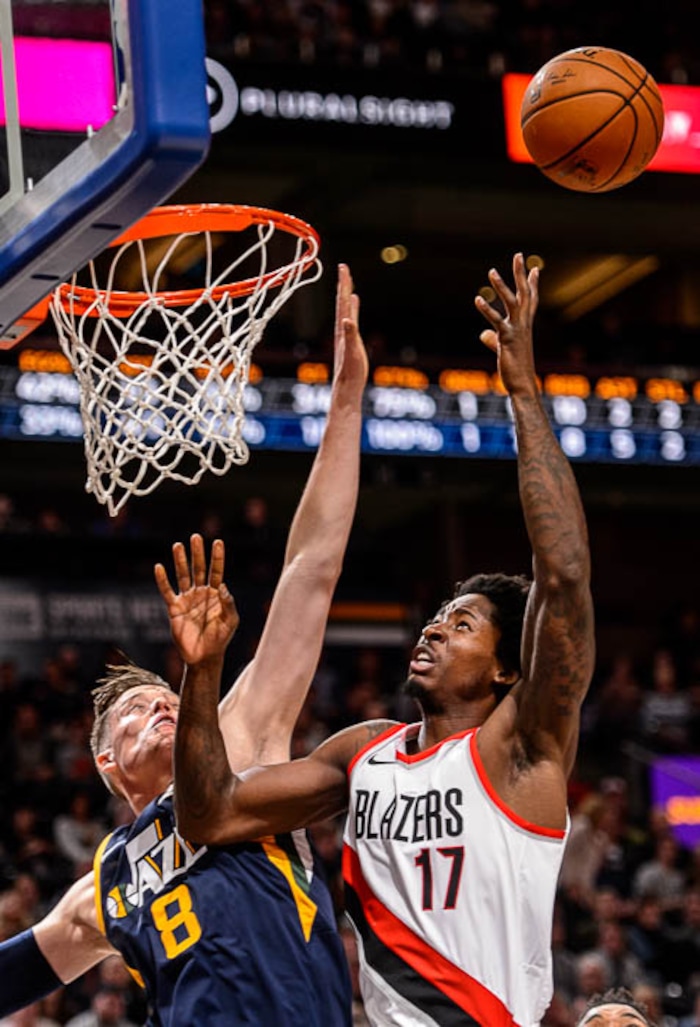 (Trent Nelson | The Salt Lake Tribune)  Portland Trail Blazers forward Ed Davis (17) shoots over Utah Jazz forward Jonas Jerebko (8) as the Utah Jazz host the Portland Trail Blazers, NBA basketball in Salt Lake City, Wednesday November 1, 2017.