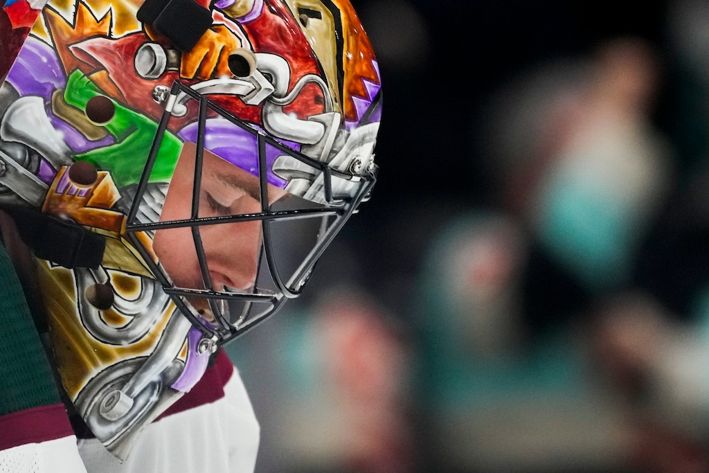(Lindsey Wasson | AP) Arizona Coyotes goaltender Karel Vejmelka looks down during the third period of the team's NHL hockey game against the Seattle Kraken, Tuesday, April 9, 2024, in Seattle.
