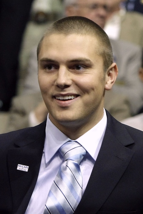 FILE - This Sept. 3, 2008, file photo shows Track Palin, son of Republican vice presidential candidate Alaska Gov. Sarah Palin during the Republican National Convention in St. Paul, Minn. Palin, is set to appear in court Monday, Jan. 8, 2018, on charges he assaulted his father at the family's Alaska home. (AP Photo/Charles Rex Arbogast, File)