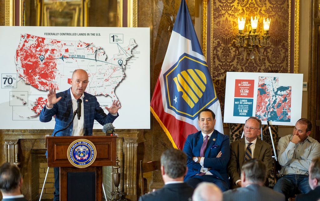 (Rick Egan | The Salt Lake Tribune)  Gov. Spencer Cox talks about public lands during a news conference at the Capitol, on Tuesday, Aug. 20, 2024.