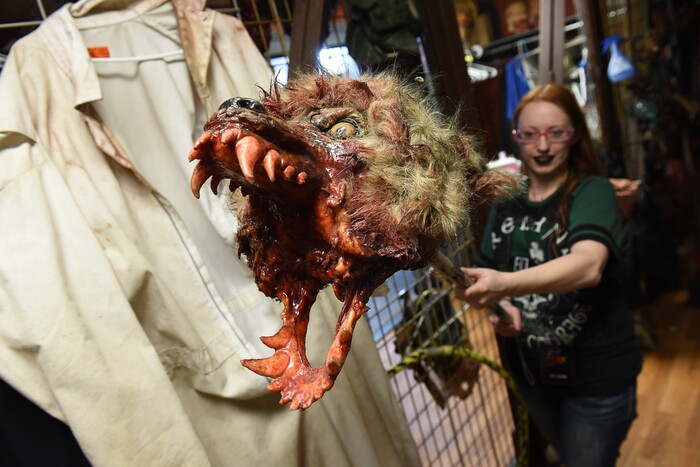 (Francisco Kjolseth  |  The Salt Lake Tribune)  Costumer Missy Moody pulls out some of her favorite costumes used at the Fear Factory in Salt Lake. Local politicians fell prey to the zombie apocalypse at the Fear Factory on Thursday, Oct. 12, 2017, for a special event to raise awareness of the Utah Food Bank and kick start donations. 