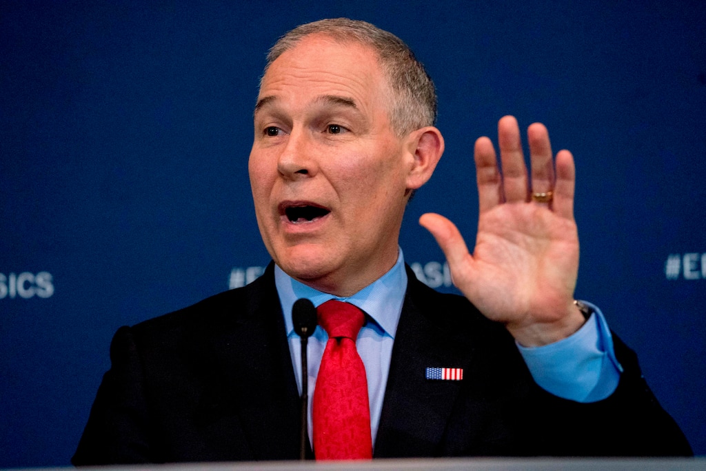 (AP Photo/Andrew Harnik) In this April 3, 2018, file photo, Environmental Protection Agency Administrator Scott Pruitt speaks at a news conference in Washington. An internal government watchdog says the EPA violated federal spending laws when purchasing a $43,000 soundproof privacy booth for Pruitt to make private phone calls in his office.