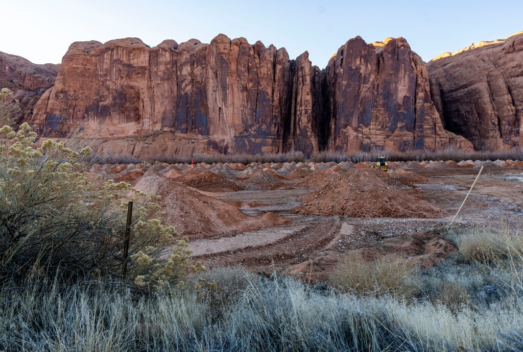 (Rick Egan | The Salt Lake Tribune)  Construction on the Colorado River on the site of that was previously the Kane Creek Campground near Moab, Tuesday, Jan. 30, 2024.