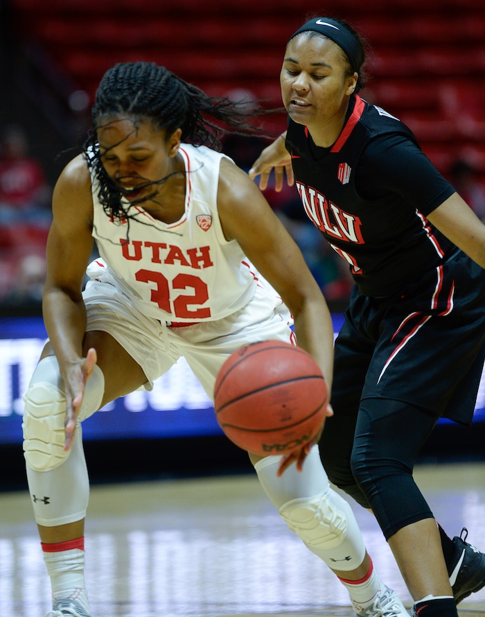 (Francisco Kjolseth  |  The Salt Lake Tribune)  Utah Utes forward Tanaeya Boclair (32) tries to get past UNLV as Utah hosts UNLV in women's NCAA basketball at the Huntsman Center, Thursday, March 15, 2018.
