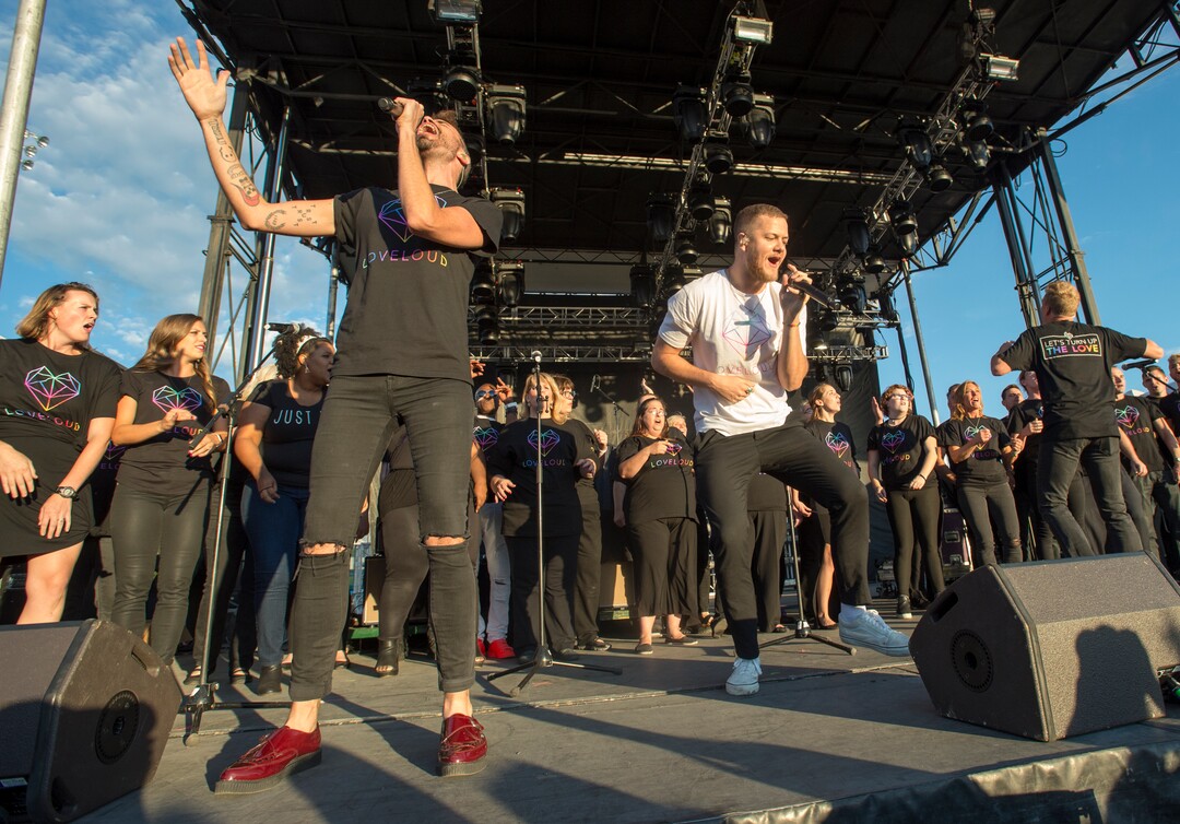 (Rick Egan  |  The Salt Lake Tribune)  Tyler Glenn, Neon Trees, and Dan Reynolds, Imagine Dragons perform a song together, at the LoveLoud Festival at Brent Brown Ballpark at UVU campus, Saturday, August 26, 2017.