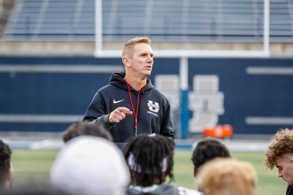 (Photo courtesy of Utah State Athletics) Utah State football coach Blake Anderson addresses the Aggies as he runs his first spring practice as the Aggies' coach.