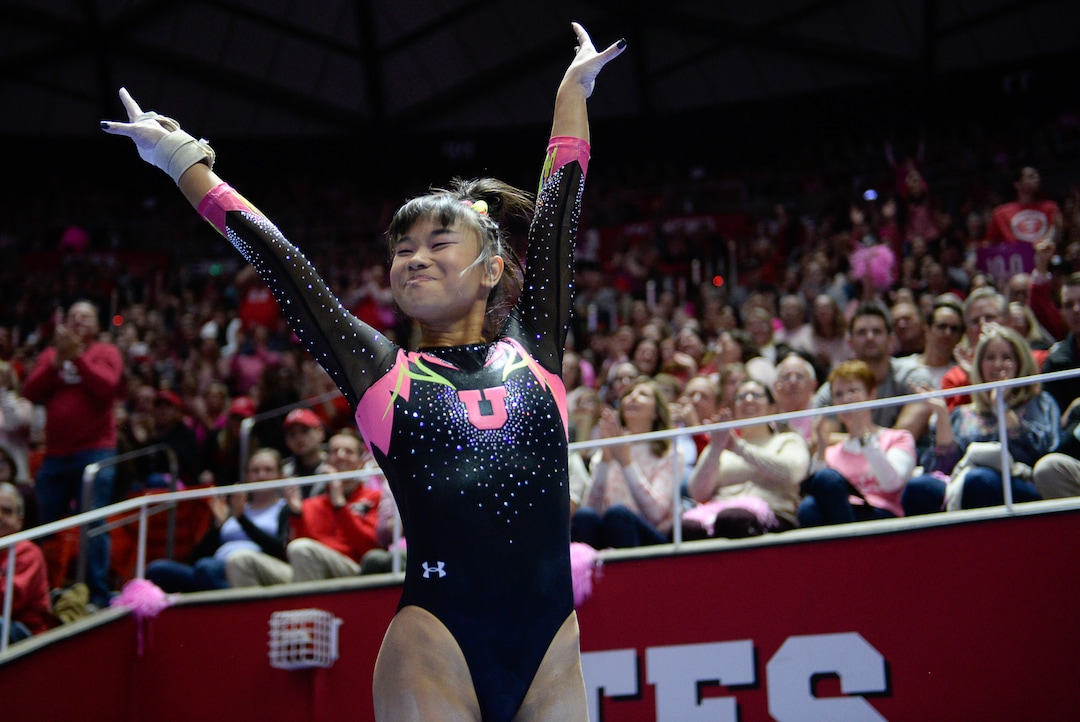 (Francisco Kjolseth  |  The Salt Lake Tribune) Kim Tessen celebrates a perfect 10 on the vault as the fourth-ranked University of Utah Red Rocks gymnastics team host Stanford, Friday, March 6, 2020, at the Jon M. Huntsman Center in Salt Lake City.