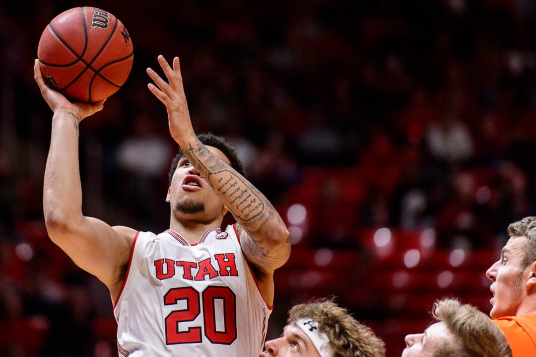 (Trent Nelson | The Salt Lake Tribune)  Utah Utes forward Timmy Allen (20) shoots as Utah hosts Oregon State, NCAA basketball in Salt Lake City on Saturday Feb. 2, 2019.