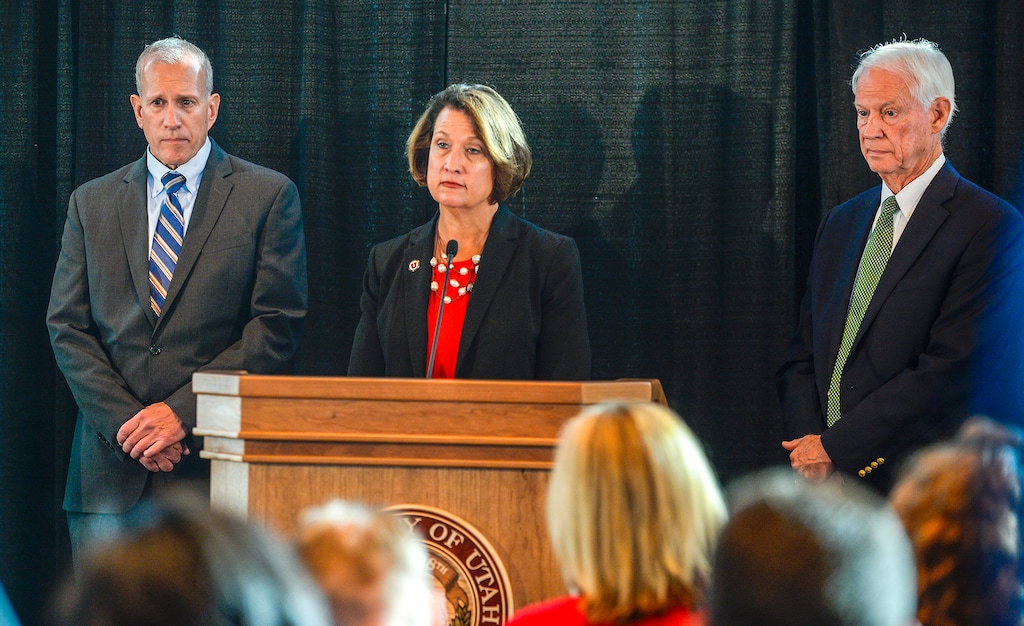 Leah Hogsten | The Salt Lake Tribune
University of Utah President Ruth V. Watkins announced the university has launched an independent review team, Friday, Nov. 2, 2018, that will conduct two in-depth reviews, one on police response to Lauren McCluskey case and the other on campus safety. Watkins was flanked by two of three review team members; senior vice president for government and industry relations at ANDE, Keith D. Squires, left, and retired attorney John T. Nielsen, right. Both men were former commissioners of the Utah Department of Public Safety. Sue Riseling, executive director of the International Association of Campus Law Enforcement Administrators did not attend the press conference.