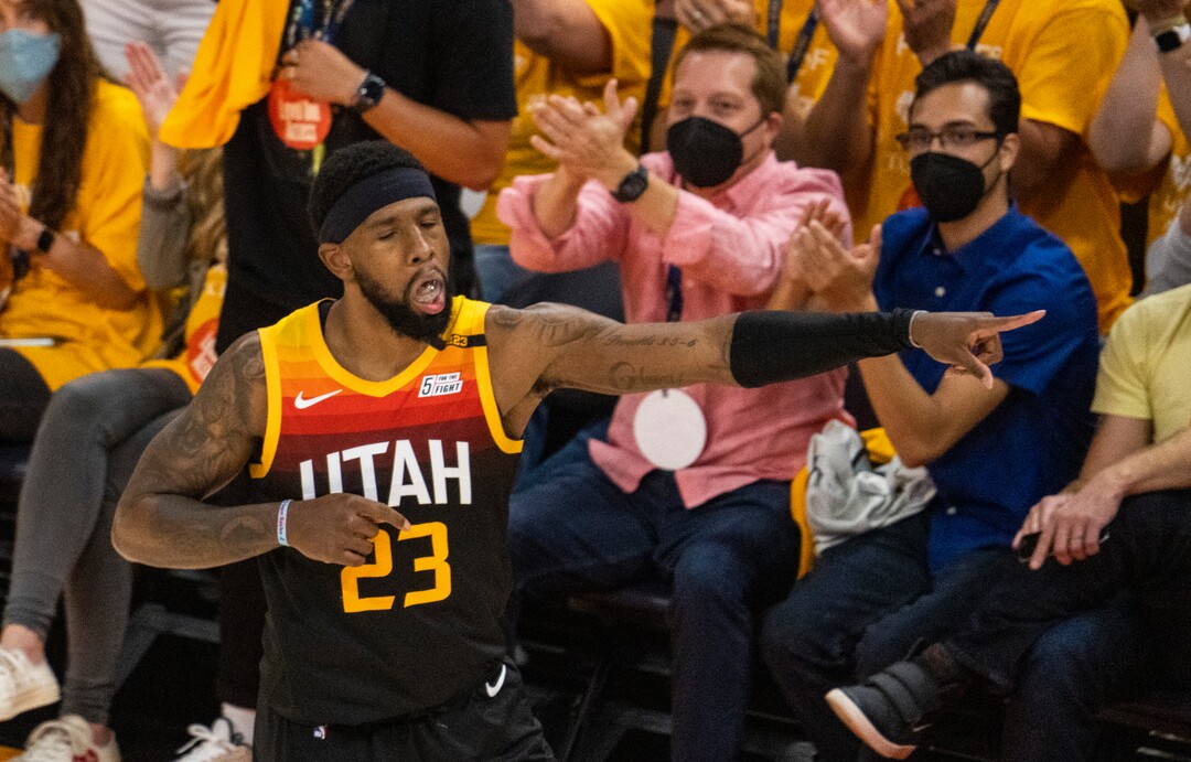 (Rick Egan | The Salt Lake Tribune) Utah Jazz forward Royce O'Neale (23) reacts after hitting a 3-point shot, in the 4th quarter, as the Jazz defeated the Memphis Grizzlies 141-129, in game 2 of the NBA Playoffs at Vivint Arena, on Wednesday, May 26, 2021.