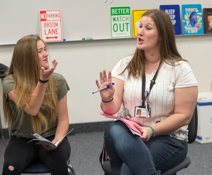 (Rick Egan  |  The Salt Lake Tribune)   Lily Larsen works with drama teacher, Kristie Wallace, at Elk Ridge Middle School in South Jordan, Thursday, April 26, 2018.


Tasia Maes