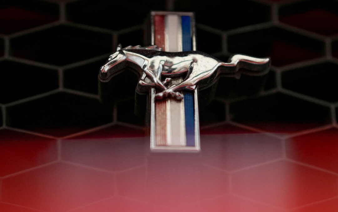 (Francisco Kjolseth  | The Salt Lake Tribune) The classic emblem on a 1973 Ford Mustang Mach I Fastback at the Richard W. Erickson Foundation Power Show & Museum in Wallsburg, Utah on Tuesday, Aug. 6, 2024.