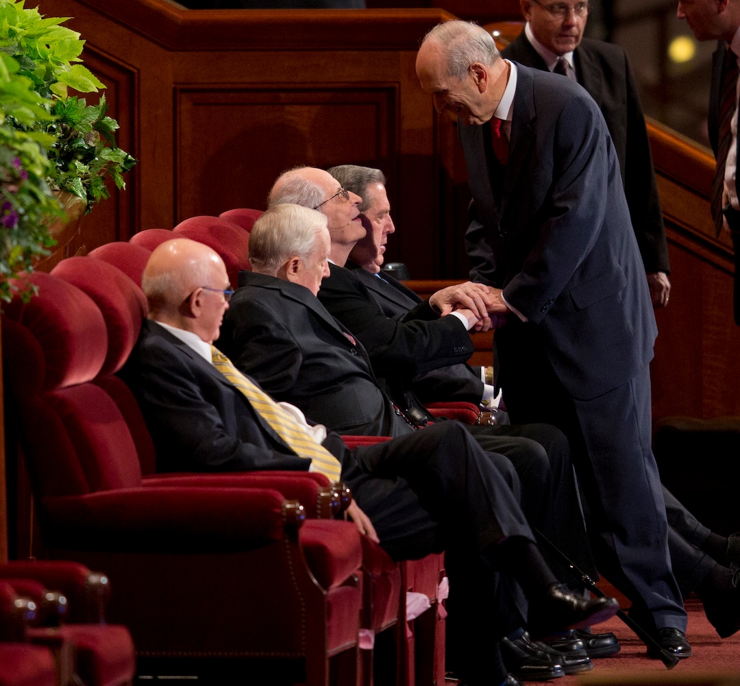 (Photo courtesy of Intellectual Reserve) Elder Robert D. Hales is greeted by Elder Russell M. Nelson before a session of general conference in October 2012.
