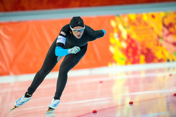 Brittany Bowe, of Salt Lake City, competes in the women's 1,500 meter at Adler Arena Skating Center during the 2014 Sochi Olympics Sunday February 16, 2014. Bowe finished in fourteenth place with a time of 1:58.31. 
(Photo by Chris Detrick/The Salt Lake Tribune)