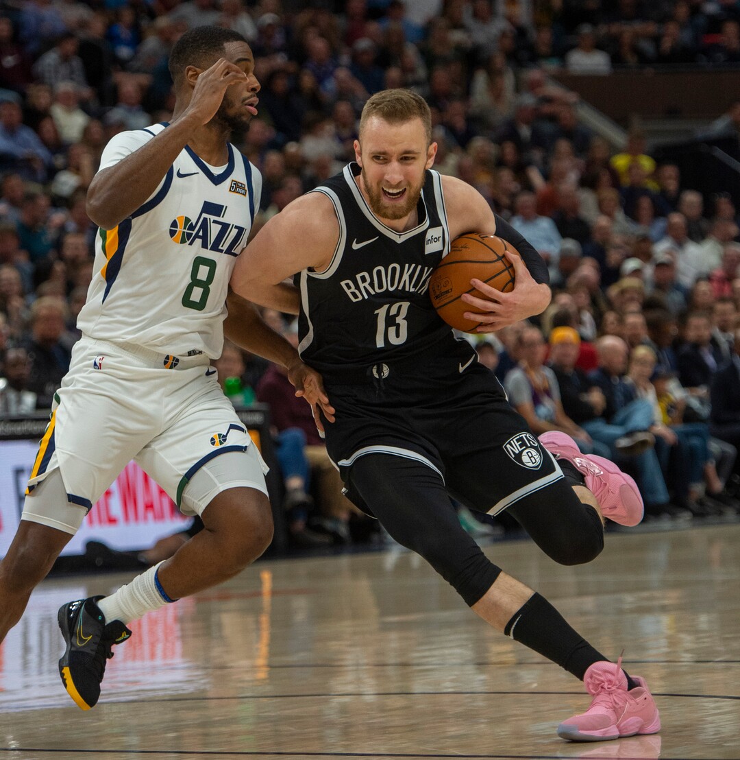 (Rick Egan  |  The Salt Lake Tribune)        Brooklyn Nets guard Dzanan Musa (13) tries to get by Utah Jazz guard Emmanuel Mudiay (8), in NBA basketball action between the Utah Jazz and the Brooklyn Nets in Salt Lake City, Tuesday, Nov 12, 2019.
