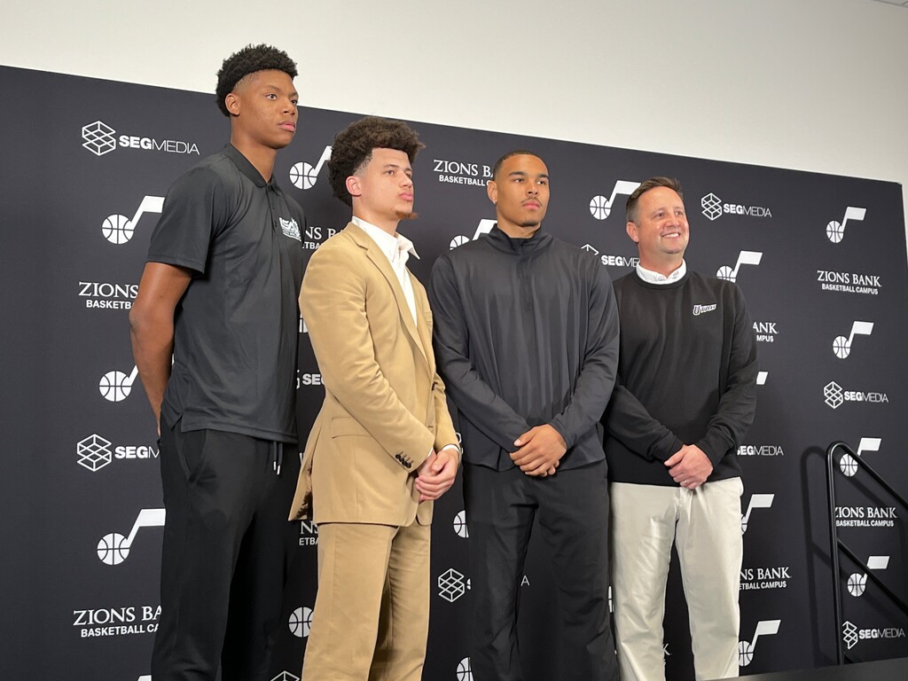 (Andy Larsen | The Salt Lake Tribune) Utah Jazz draft picks (from left to right) Ace Bailey, Walter Clayton Jr., and John Tonje, pose with Austin Ainge (far right), the team's president of basketball operations, on Sunday, June 29, 2025.