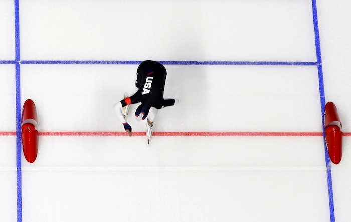 Brittany Bowe of the U.S. pushes her skate over the finish line during the women's 1,500 meters speedskating race at the Gangneung Oval at the 2018 Winter Olympics in Gangneung, South Korea, Monday, Feb. 12, 2018. (AP Photo/Eugene Hoshiko)