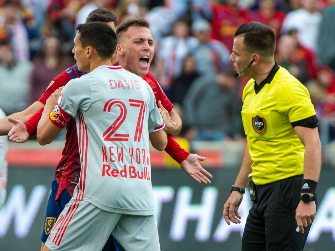 (Rick Egan  |  The Salt Lake Tribune)   Real Salt Lake forward Corey Baird (10) is restrained by Real Salt Lake forward Julian Vazquez (27), as he pleads his case with the official, in MLS acton between Real Salt Lake and the New York Red Bulls at Rio Tinto Stadium, Saturday, March 7, 2020.