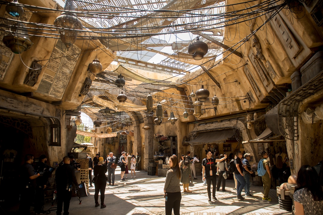 (Jeremy Harmon  |  The Salt Lake Tribune) Visitors check out the marketplace at Black Spire Outpost at Star Wars: Galaxy's Edge in Anaheim, Ca. on Wednesday, May 29, 2019.