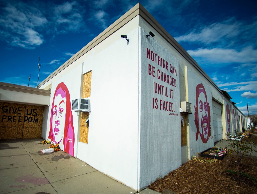 (Rick Egan | The Salt Lake Tribune) The murals on the Fleet Block, along 300 West in Salt Lake City, Thursday, Nov. 19, 2020. A fire in the building injured a man Sunday.