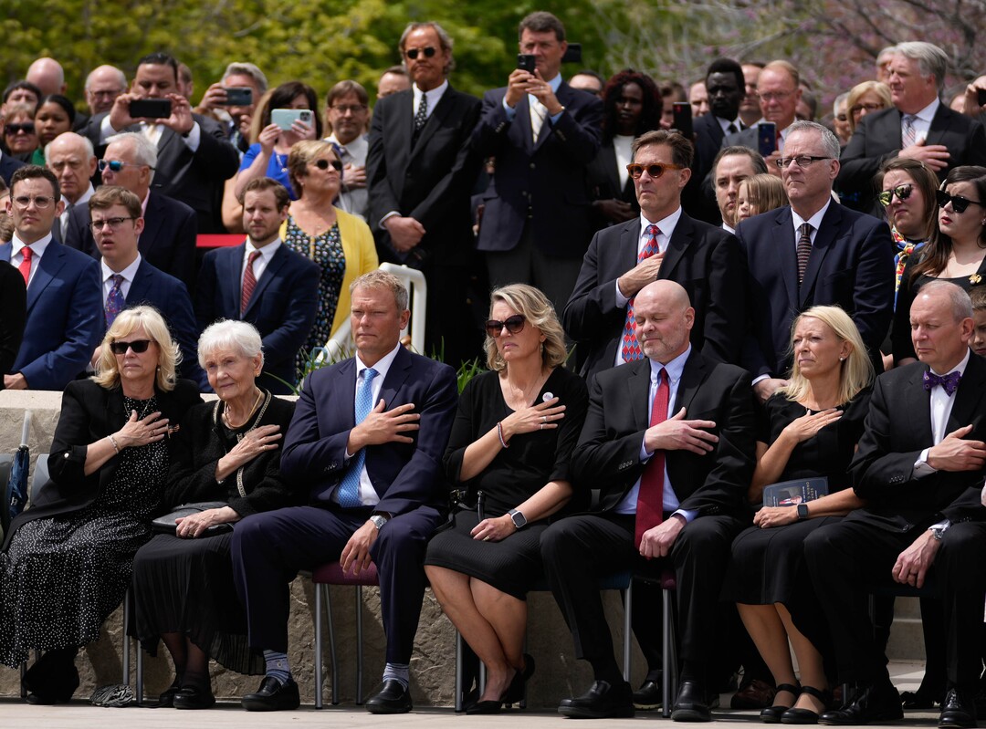 (Francisco Kjolseth | The Salt Lake Tribune) Family and friends of former U.S. Senator Orrin Hatch watch as final honors are performed by the Utah Army National Guard after the funeral at The Church of Jesus Christ of Latter-day Saints Institute of Religion in Salt Lake City on Friday, May 6, 2022. Hatch, the longest-serving Republican senator in U.S. history and the longest-serving from Utah, died April 23 at age 88.