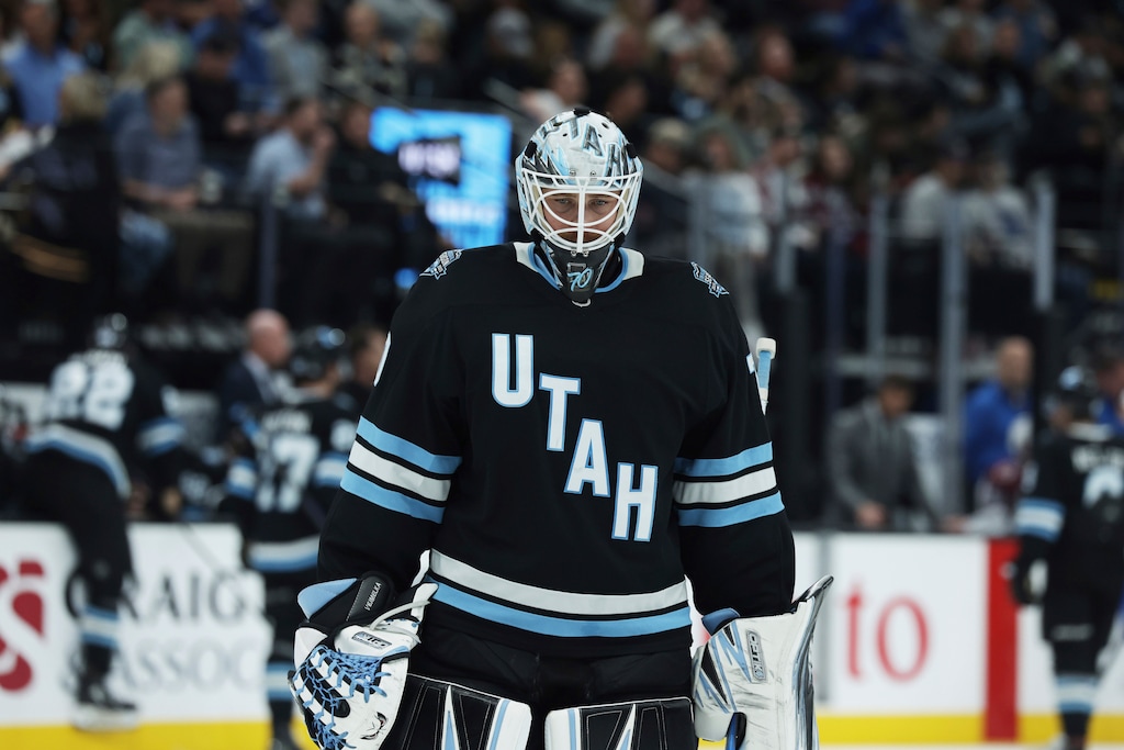 (Melissa Majchrzak } ) Utah Hockey Club goalie Karel Vejmelka (70) skates on the ice during the third period against the Colorado Avalanche at an NHL hockey game on Oct 24, 2024, in Salt Lake City. 