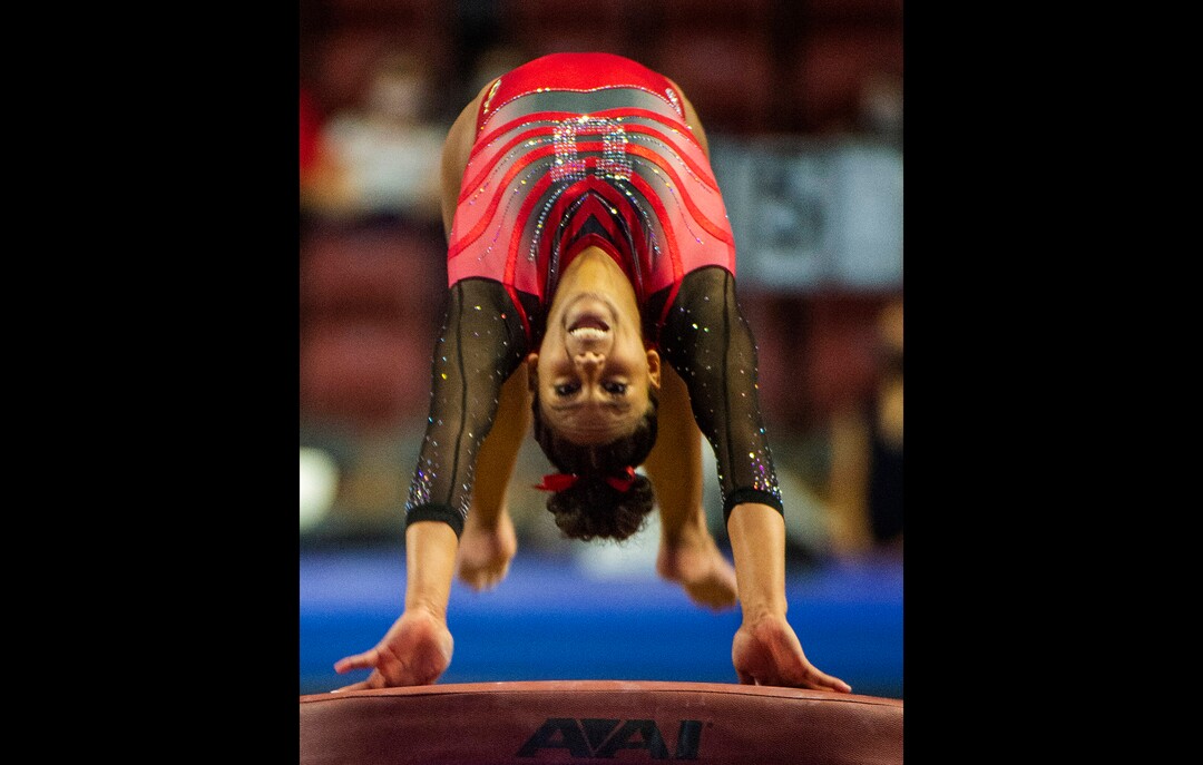 (Rick Egan | The Salt Lake Tribune) Sydney Soloski competes on the floor for Utah in the Best of Utah gymnastics meet at the Maverik Center on Saturday, Jan. 9, 2021.