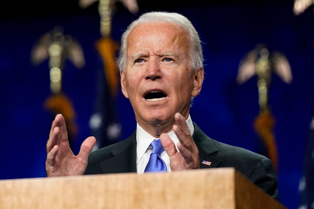 Democratic presidential candidate former Vice President Joe Biden speaks during the fourth day of the Democratic National Convention, Thursday, Aug. 20, 2020, at the Chase Center in Wilmington, Del. (AP Photo/Andrew Harnik)