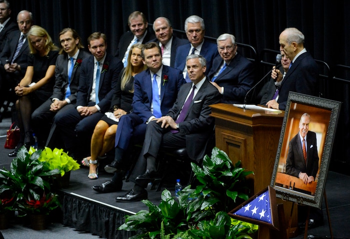 (Steve Griffin  |  The Salt Lake Tribune)  LDS Church President Russell M. Nelson talks to the children of Jon Huntsman Sr. during funeral services for Jon Huntsman Sr. at the Huntsman Center on the University of Utah campus in Salt Lake City Saturday February 10, 2018.