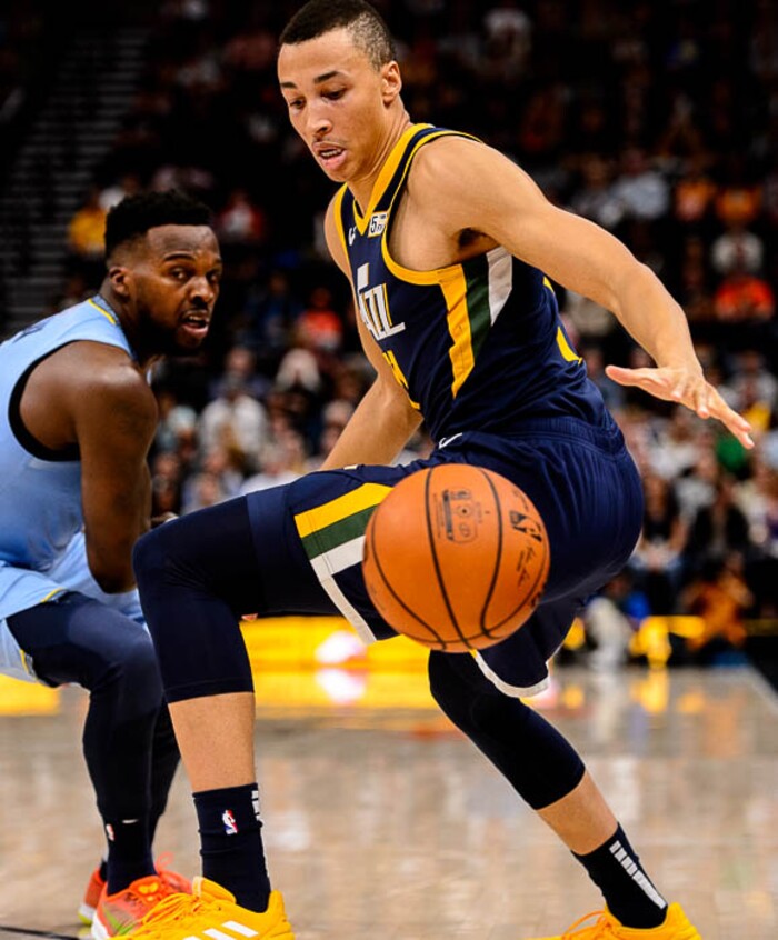 (Trent Nelson | The Salt Lake Tribune)
Memphis Grizzlies guard Shelvin Mack (6) and Utah Jazz guard Dante Exum (11). Utah Jazz vs Memphis Grizzlies, NBA basketball in Salt Lake City on Friday Nov. 2, 2018.