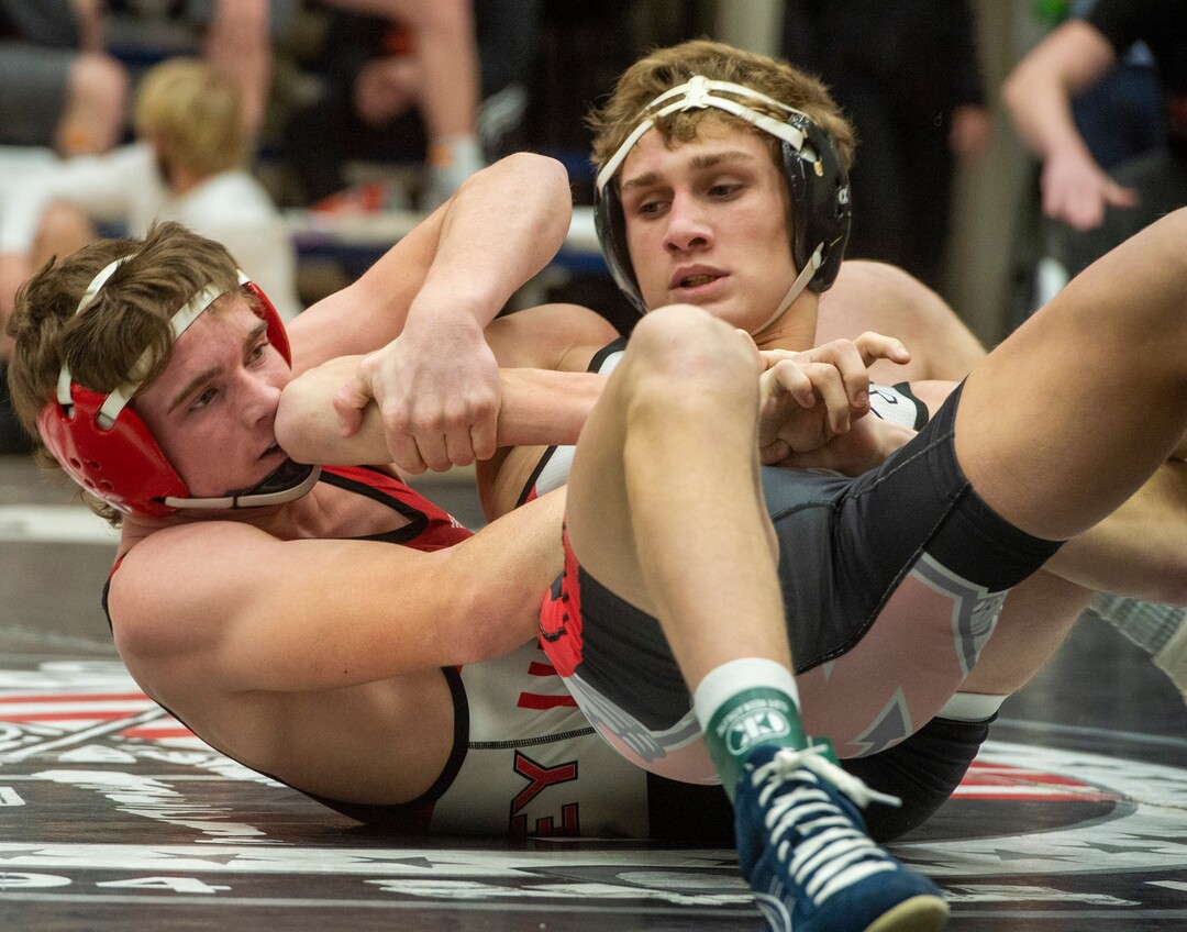 (Rick Egan | The Salt Lake Tribune) Brady Merkley (Uintah) wrestle Drew Lang (West) in the 138 division at the High School All Star wrestling event in Orem, on Tuesday, Jan. 12, 2021.