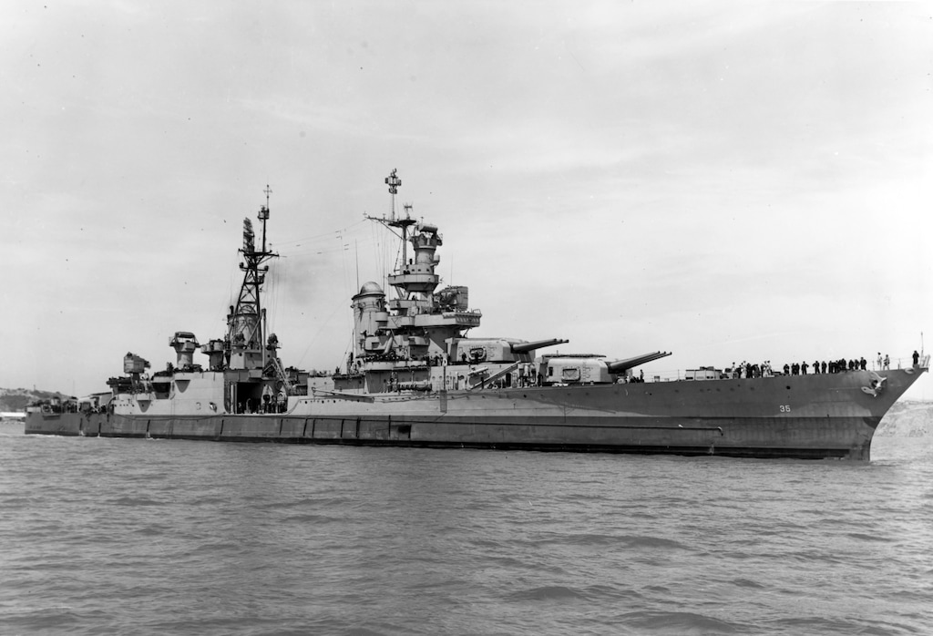 (U.S. Navy via AP) In this July 10, 1945, photo provided by U.S. Navy media content operations, USS Indianapolis (CA 35) is shown off the Mare Island Navy Yard, in Northern California, after her final overhaul and repair of combat damage. Civilian researchers say they have located the wreck of the USS Indianapolis, the World War II heavy cruiser that played a critical role in the atomic bombing of Hiroshima before being struck by Japanese torpedoes. The Indianapolis, with 1,196 sailors and Marines on board, was sailing the Philippine Sea between Guam and Leyte Gulf when two torpedoes from a Japanese submarine struck just after midnight on July 30, 1945.