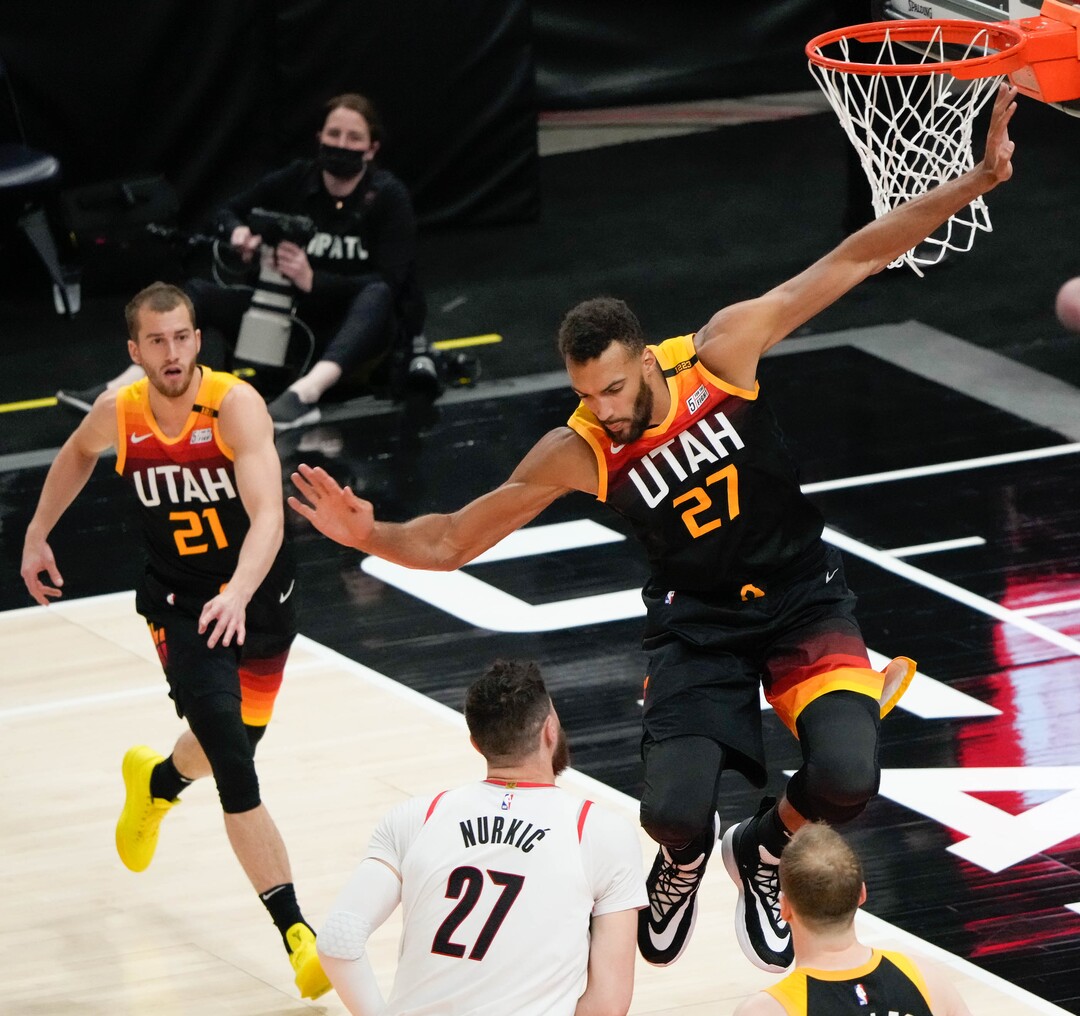 (Francisco Kjolseth | The Salt Lake Tribune) Utah Jazz center Rudy Gobert (27) sails past Portland Trail Blazers center Jusuf Nurkic (27) in a block attempt in NBA action between the Utah Jazz and the Portland Trail Blazers, at Vivint Smart Home Arena, on Wednesday, May 12, 2021.