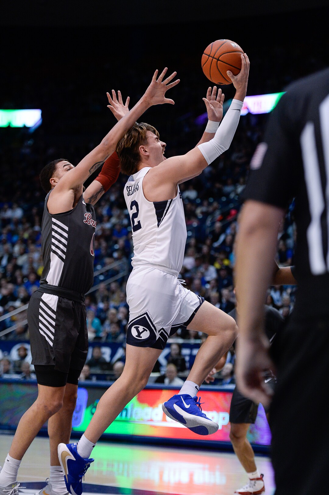 (Francisco Kjolseth  |  The Salt Lake Tribune) Brigham Young Cougars guard Zac Seljaas (2) pushes past the defense in the first half as the Brigham Young Cougars host the Santa Clara Broncos at the Marriott Center in Provo, Thursday, Feb. 20, 2020.