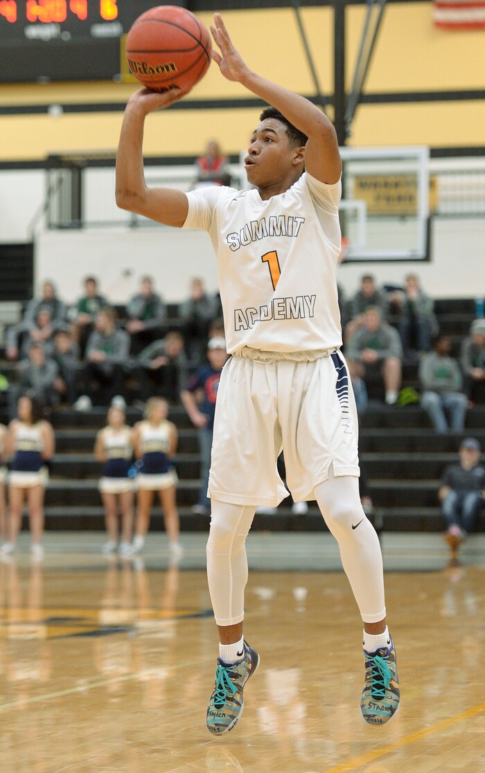 (Leah Hogsten  |  The Salt Lake Tribune) Summit's Isaiah Green aims for the net. Juab High School boys' basketball team defeated Summit Academy 61-58 during their 3A State tournament game in Heber  Saturday, Feb. 16, 2018.