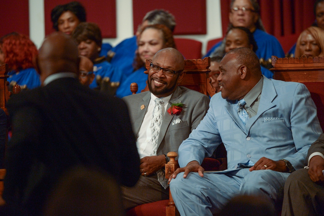 (Leah Hogsten  |  The Salt Lake Tribune) Guest Pastor Michael J. Ross, Sr., of St. Paul Baptist Church in Boise (center) delivered the anniversary sermon in honor of Rev. France A. Davis, celebrating his 44th anniversary as pastor at Calvary Baptist Church, Sunday, April 22, 2018. 